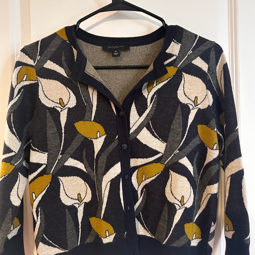 Ann Taylor Navy Floral Button Cardigan with Cream & Mustard Accents